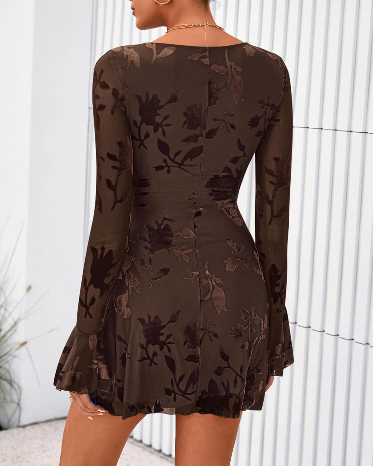 imageBTFBM Women Floral Wedding Guest Dress Spring 2026 Casual Long Sleeve Crew Neck Flowy Party Cocktail Mini DressesFloral Brown