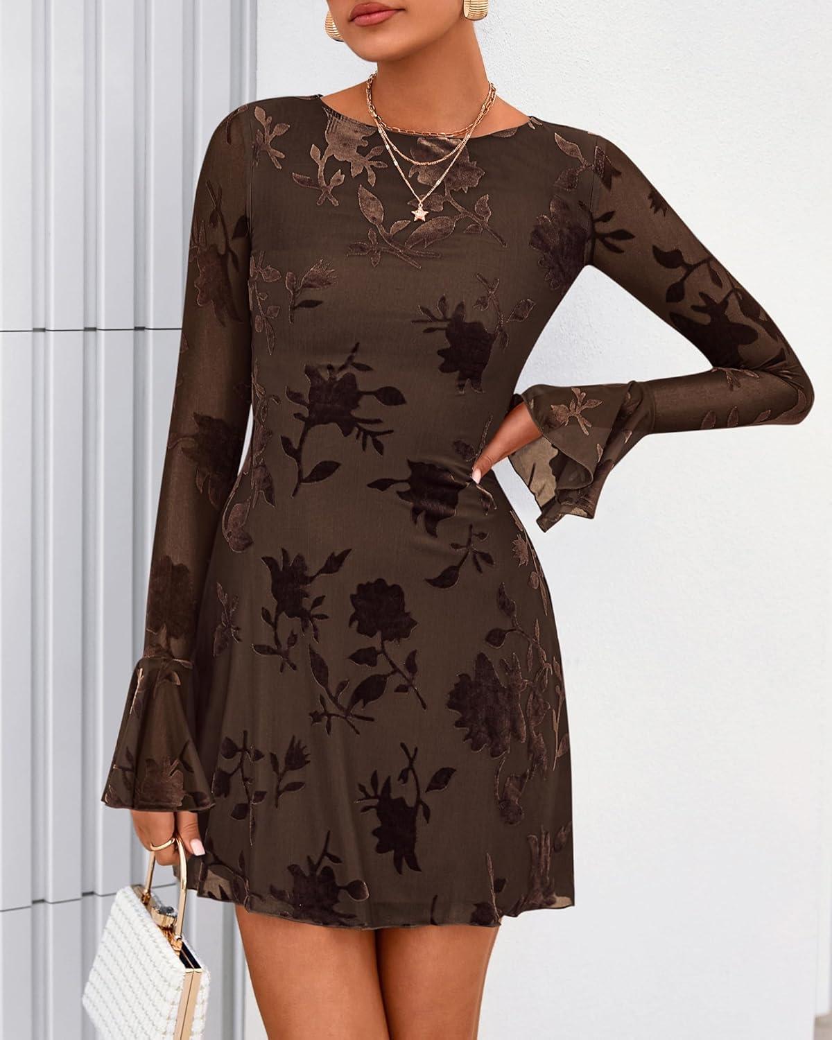 imageBTFBM Women Floral Wedding Guest Dress Spring 2026 Casual Long Sleeve Crew Neck Flowy Party Cocktail Mini DressesFloral Brown