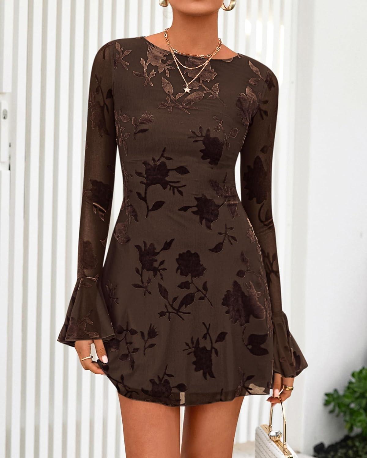 imageBTFBM Women Floral Wedding Guest Dress Spring 2026 Casual Long Sleeve Crew Neck Flowy Party Cocktail Mini DressesFloral Brown