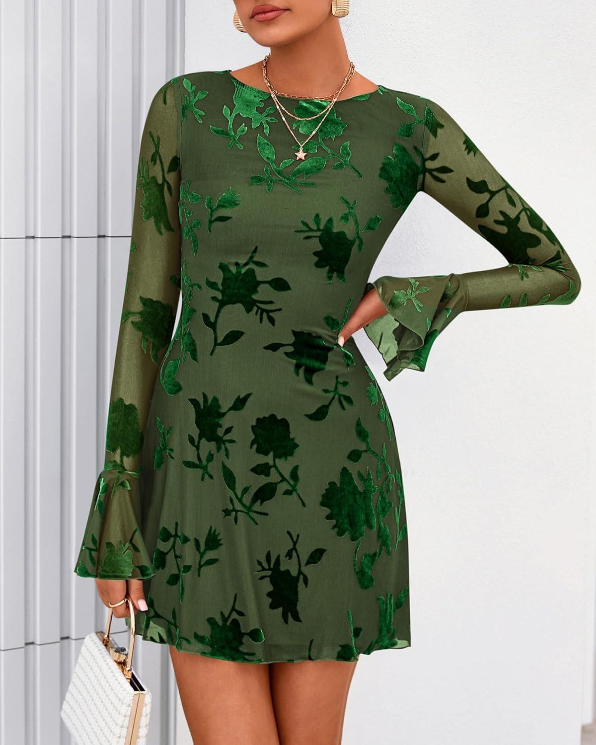 imageBTFBM Women Floral Wedding Guest Dress Spring 2026 Casual Long Sleeve Crew Neck Flowy Party Cocktail Mini DressesFloral Green