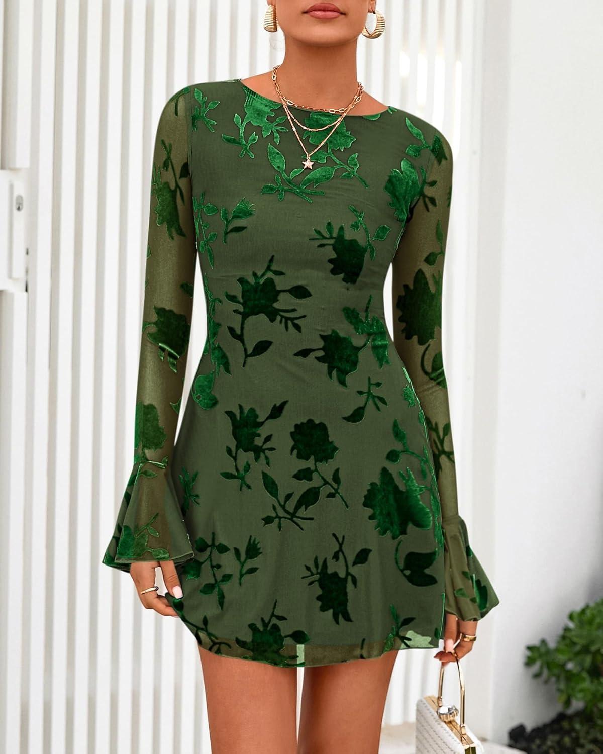 imageBTFBM Women Floral Wedding Guest Dress Spring 2026 Casual Long Sleeve Crew Neck Flowy Party Cocktail Mini DressesFloral Green
