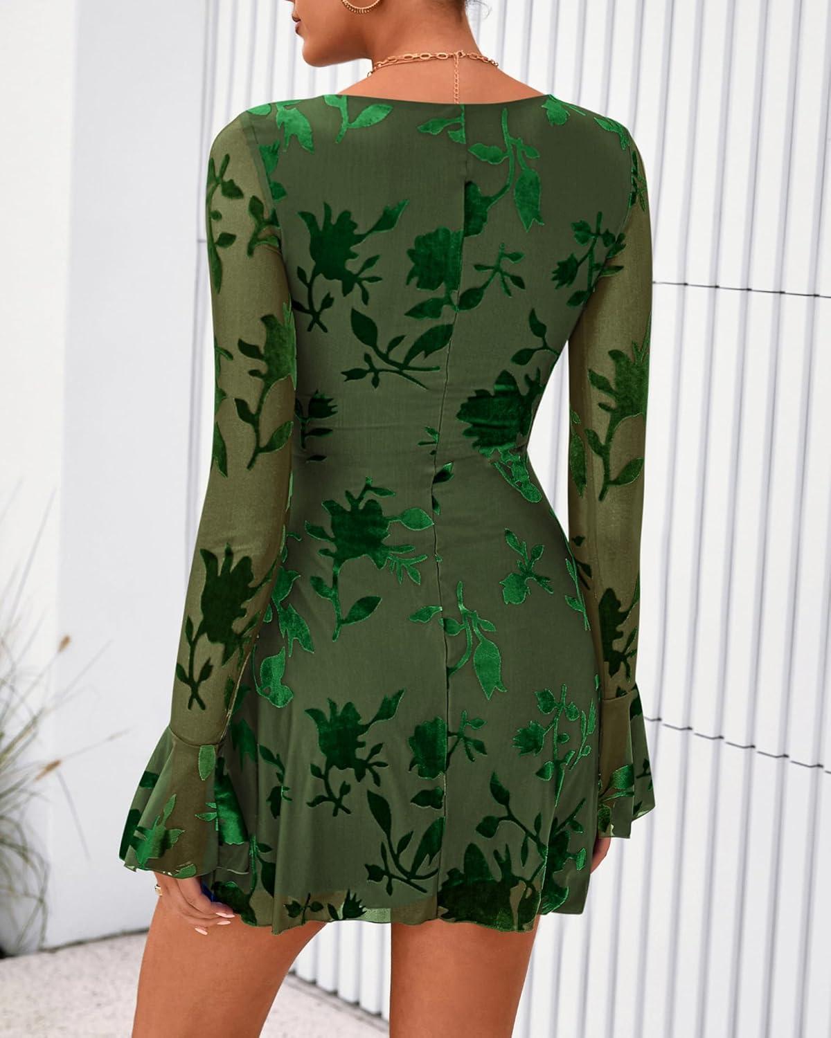 imageBTFBM Women Floral Wedding Guest Dress Spring 2026 Casual Long Sleeve Crew Neck Flowy Party Cocktail Mini DressesFloral Green