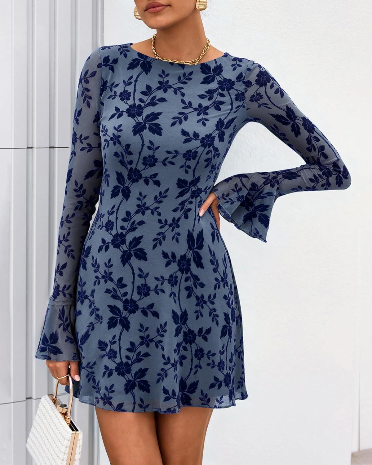 imageBTFBM Women Floral Wedding Guest Dress Spring 2026 Casual Long Sleeve Crew Neck Flowy Party Cocktail Mini DressesFloral Grey Blue