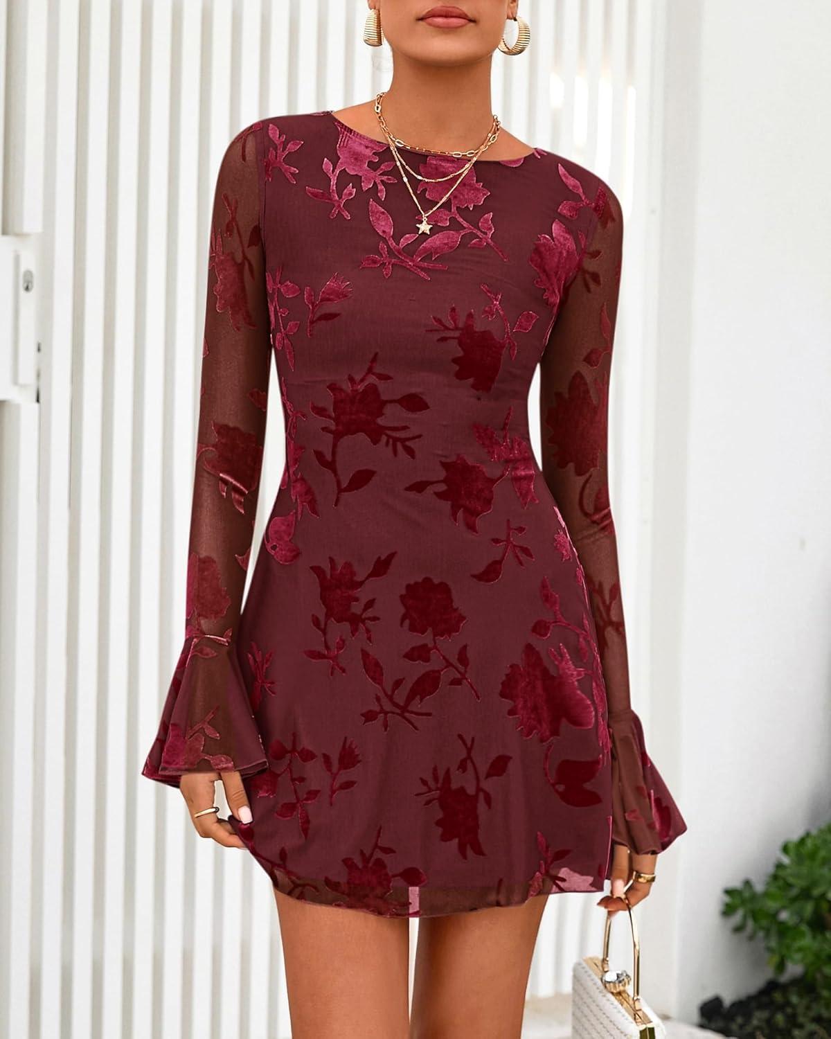 imageBTFBM Women Floral Wedding Guest Dress Spring 2026 Casual Long Sleeve Crew Neck Flowy Party Cocktail Mini DressesFloral Wine Red