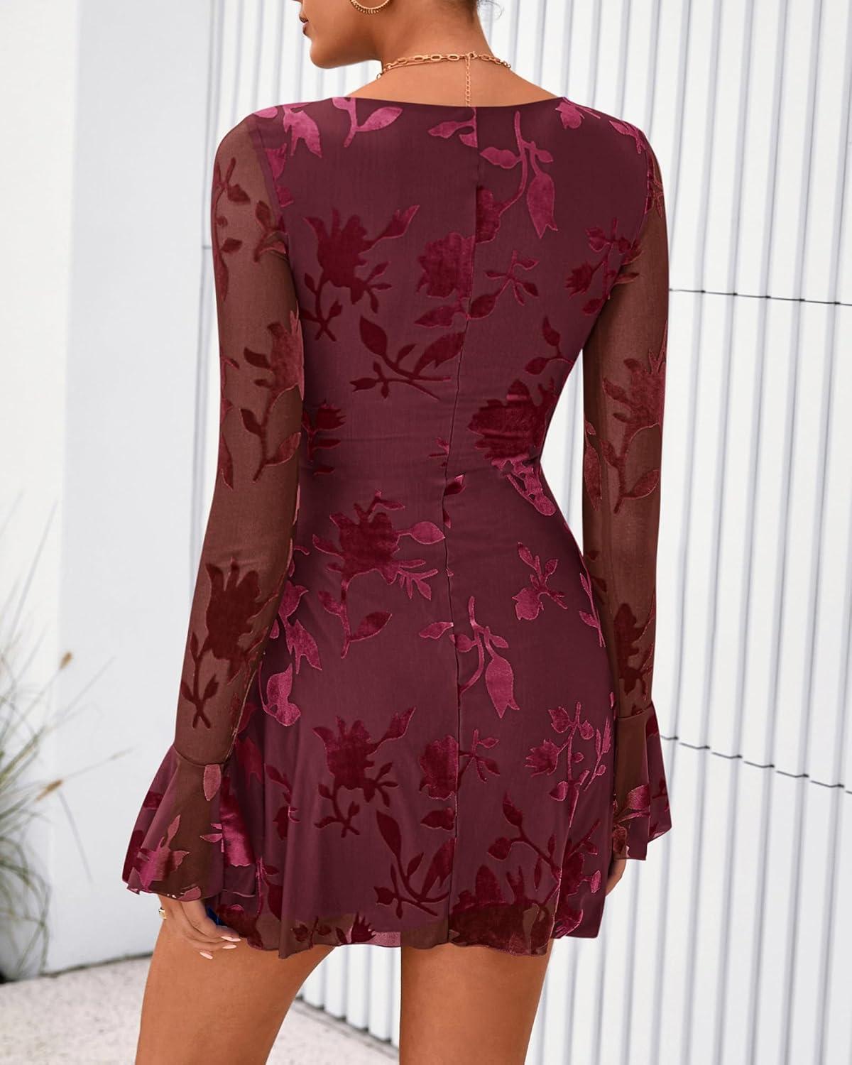imageBTFBM Women Floral Wedding Guest Dress Spring 2026 Casual Long Sleeve Crew Neck Flowy Party Cocktail Mini DressesFloral Wine Red