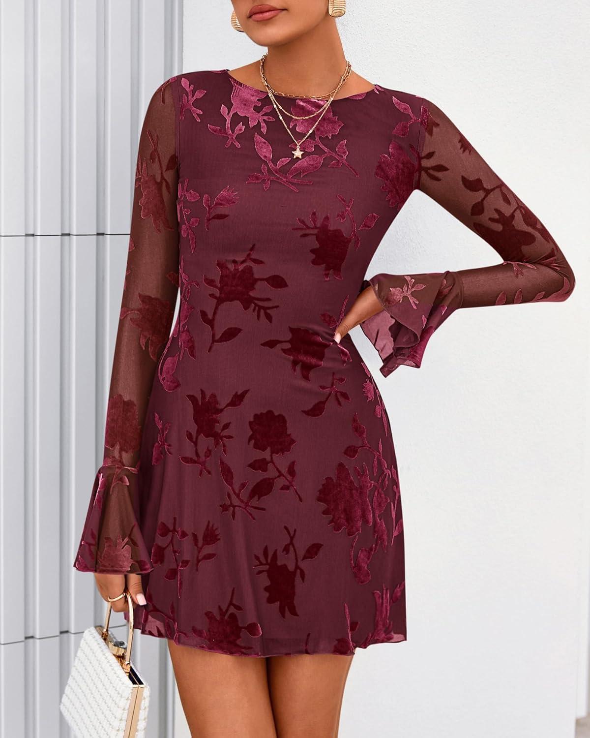 imageBTFBM Women Floral Wedding Guest Dress Spring 2026 Casual Long Sleeve Crew Neck Flowy Party Cocktail Mini DressesFloral Wine Red