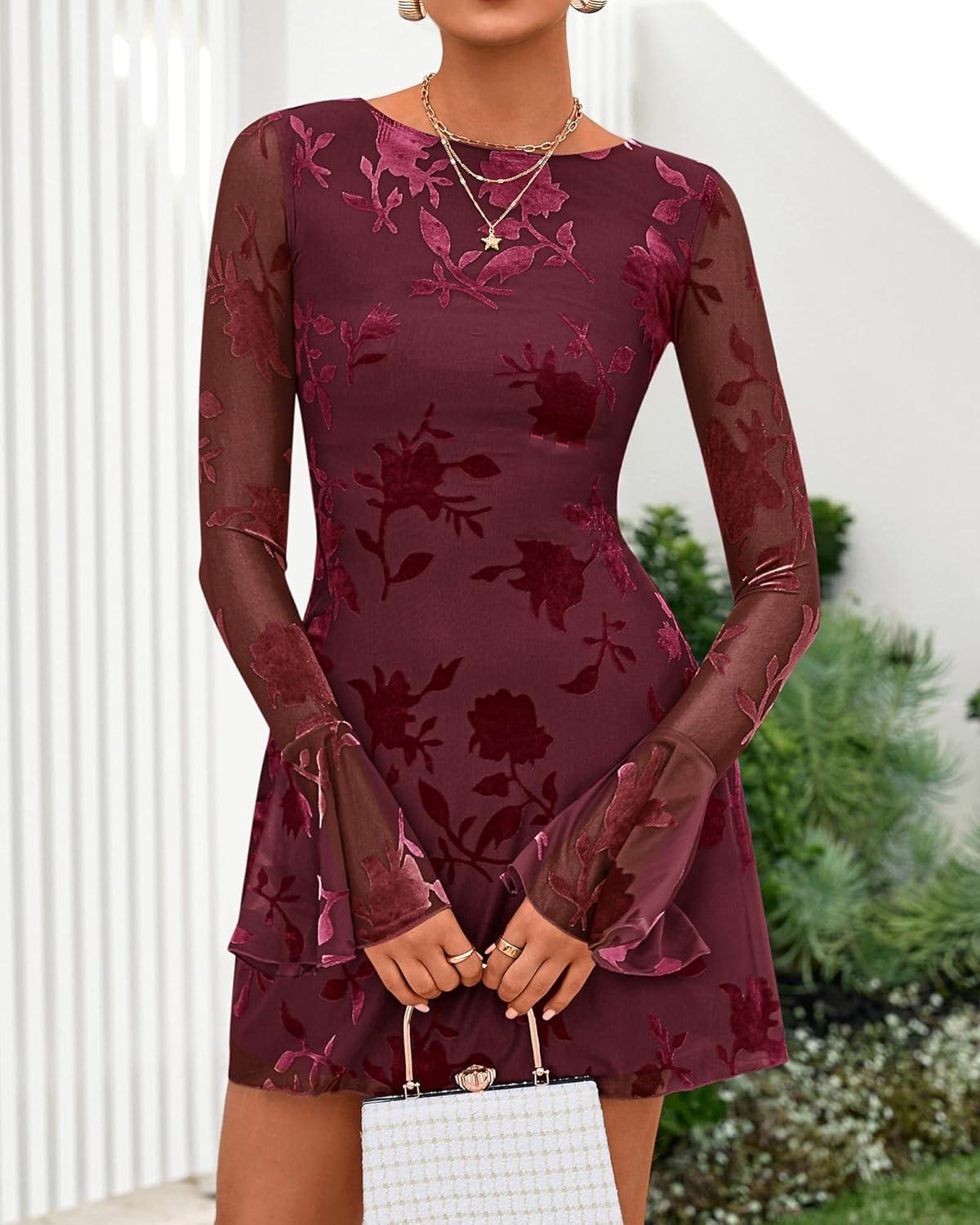 imageBTFBM Women Floral Wedding Guest Dress Spring 2026 Casual Long Sleeve Crew Neck Flowy Party Cocktail Mini DressesFloral Wine Red