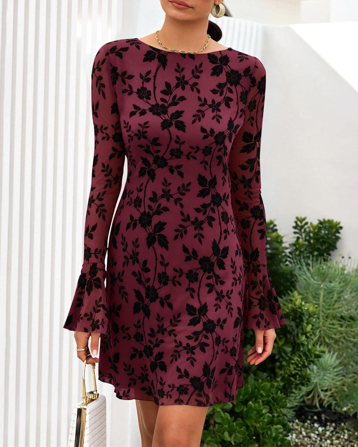 imageBTFBM Women Floral Wedding Guest Dress Spring 2026 Casual Long Sleeve Crew Neck Flowy Party Cocktail Mini DressesFloral Wine Red Black