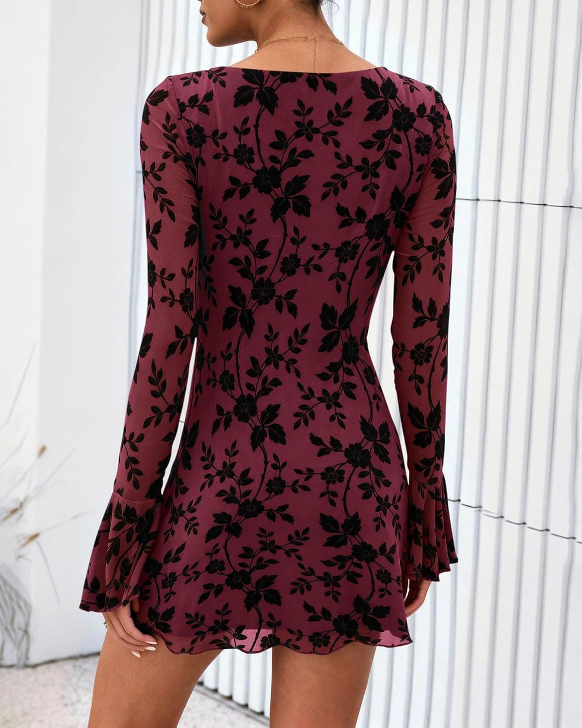 imageBTFBM Women Floral Wedding Guest Dress Spring 2026 Casual Long Sleeve Crew Neck Flowy Party Cocktail Mini DressesFloral Wine Red Black