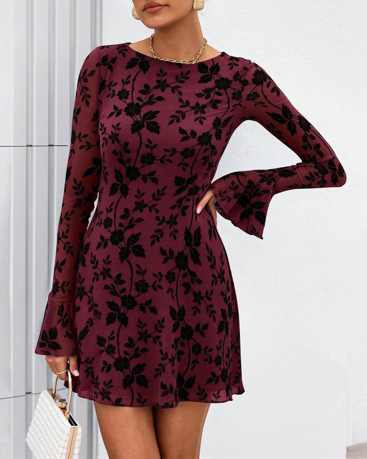 imageBTFBM Women Floral Wedding Guest Dress Spring 2026 Casual Long Sleeve Crew Neck Flowy Party Cocktail Mini DressesFloral Wine Red Black