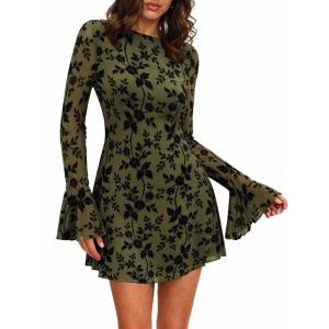 BTFBM Women Floral Wedding Guest Dress Spring 2026 Casual Long Sleeve Crew Neck Flowy Party Cocktail Mini Dresses(Floral Army Green)