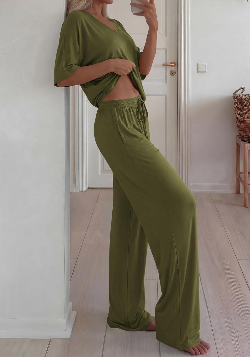 imageBTFBM 2 Piece Sets for Women Summer V Neck Short Sleeve Lounge Set Wide Leg Pants Matching Set Airport Travel OutfitsArmy Green