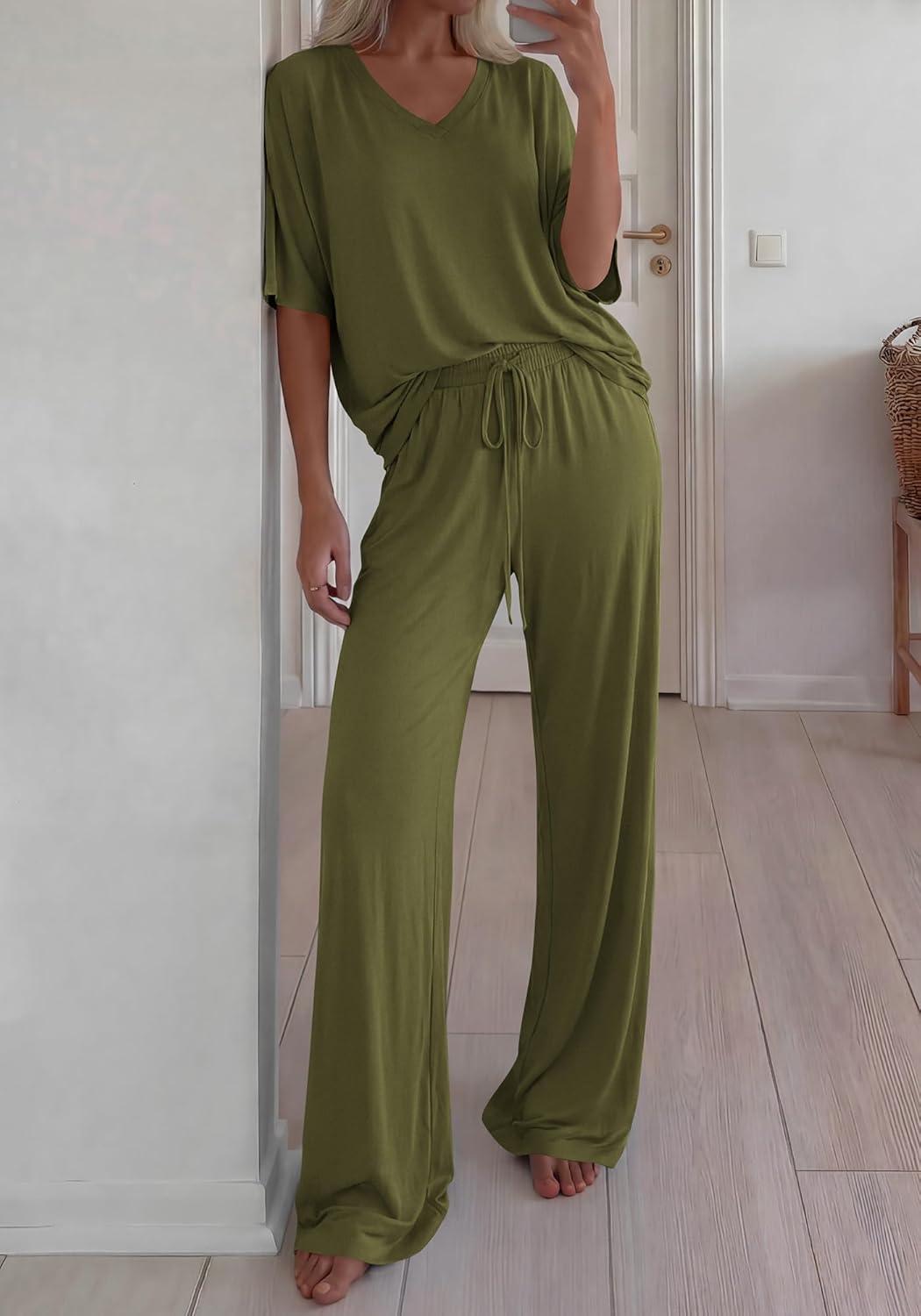 imageBTFBM 2 Piece Sets for Women Summer V Neck Short Sleeve Lounge Set Wide Leg Pants Matching Set Airport Travel OutfitsArmy Green