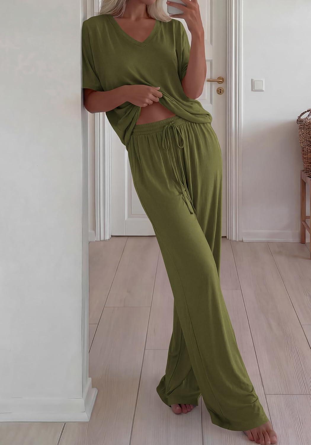 imageBTFBM 2 Piece Sets for Women Summer V Neck Short Sleeve Lounge Set Wide Leg Pants Matching Set Airport Travel OutfitsArmy Green