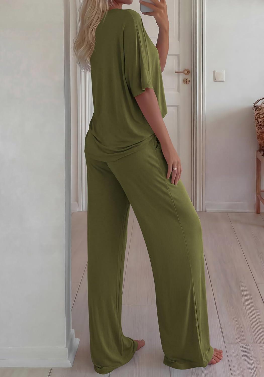imageBTFBM 2 Piece Sets for Women Summer V Neck Short Sleeve Lounge Set Wide Leg Pants Matching Set Airport Travel OutfitsArmy Green