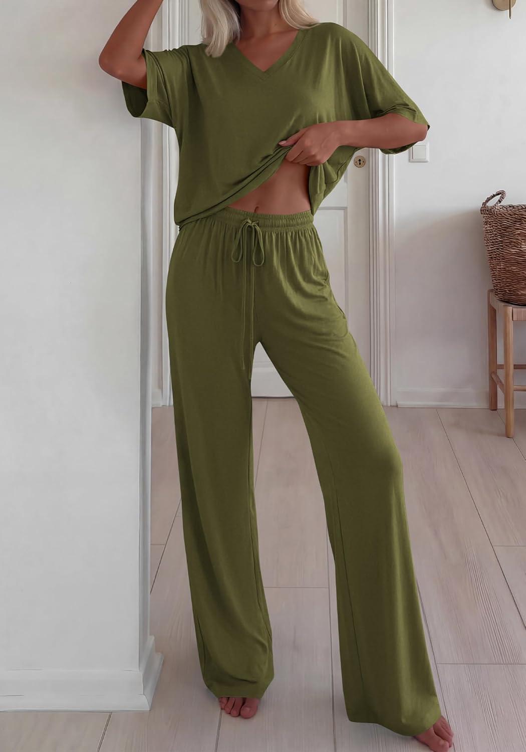 imageBTFBM 2 Piece Sets for Women Summer V Neck Short Sleeve Lounge Set Wide Leg Pants Matching Set Airport Travel OutfitsArmy Green