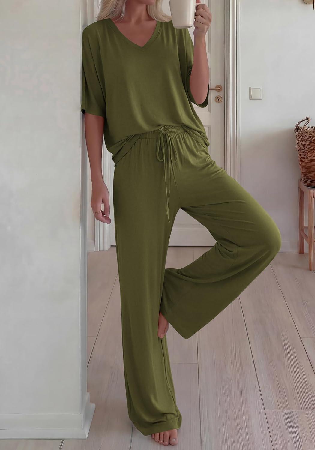 imageBTFBM 2 Piece Sets for Women Summer V Neck Short Sleeve Lounge Set Wide Leg Pants Matching Set Airport Travel OutfitsArmy Green