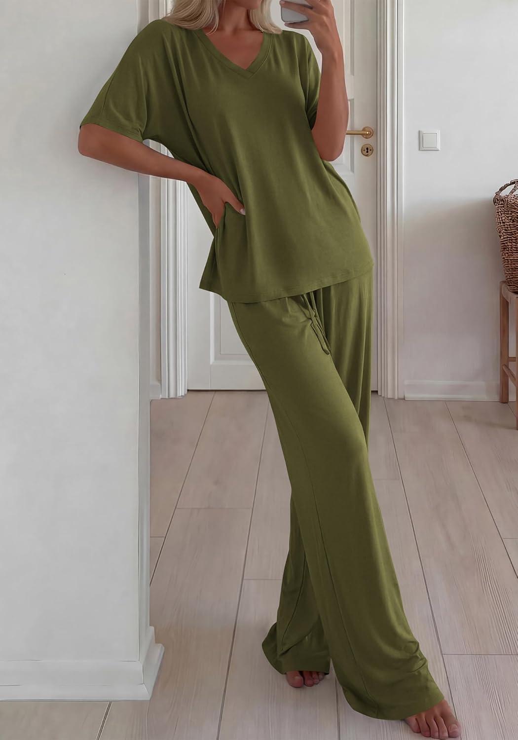 imageBTFBM 2 Piece Sets for Women Summer V Neck Short Sleeve Lounge Set Wide Leg Pants Matching Set Airport Travel OutfitsArmy Green