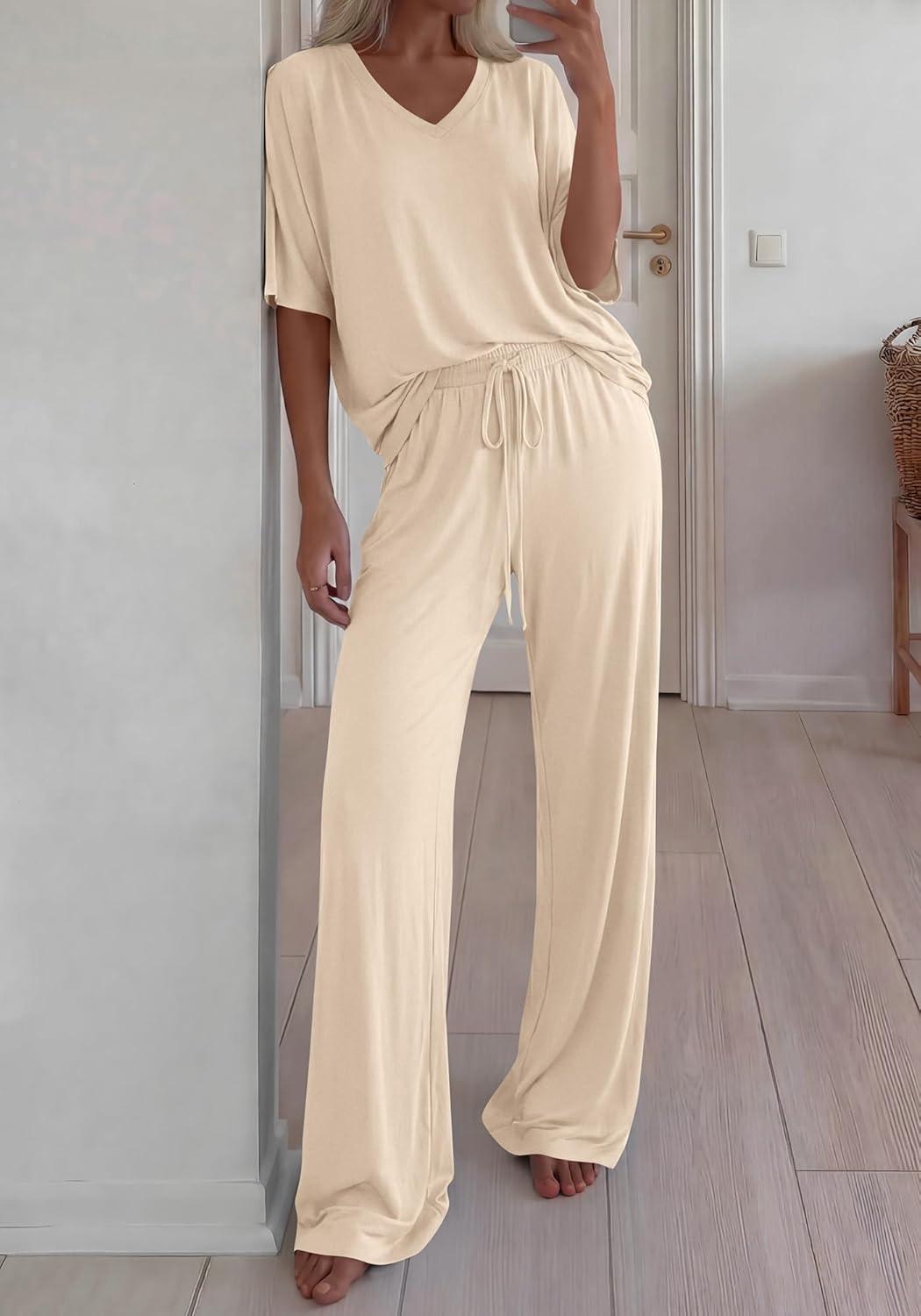 imageBTFBM 2 Piece Sets for Women Summer V Neck Short Sleeve Lounge Set Wide Leg Pants Matching Set Airport Travel OutfitsBeige