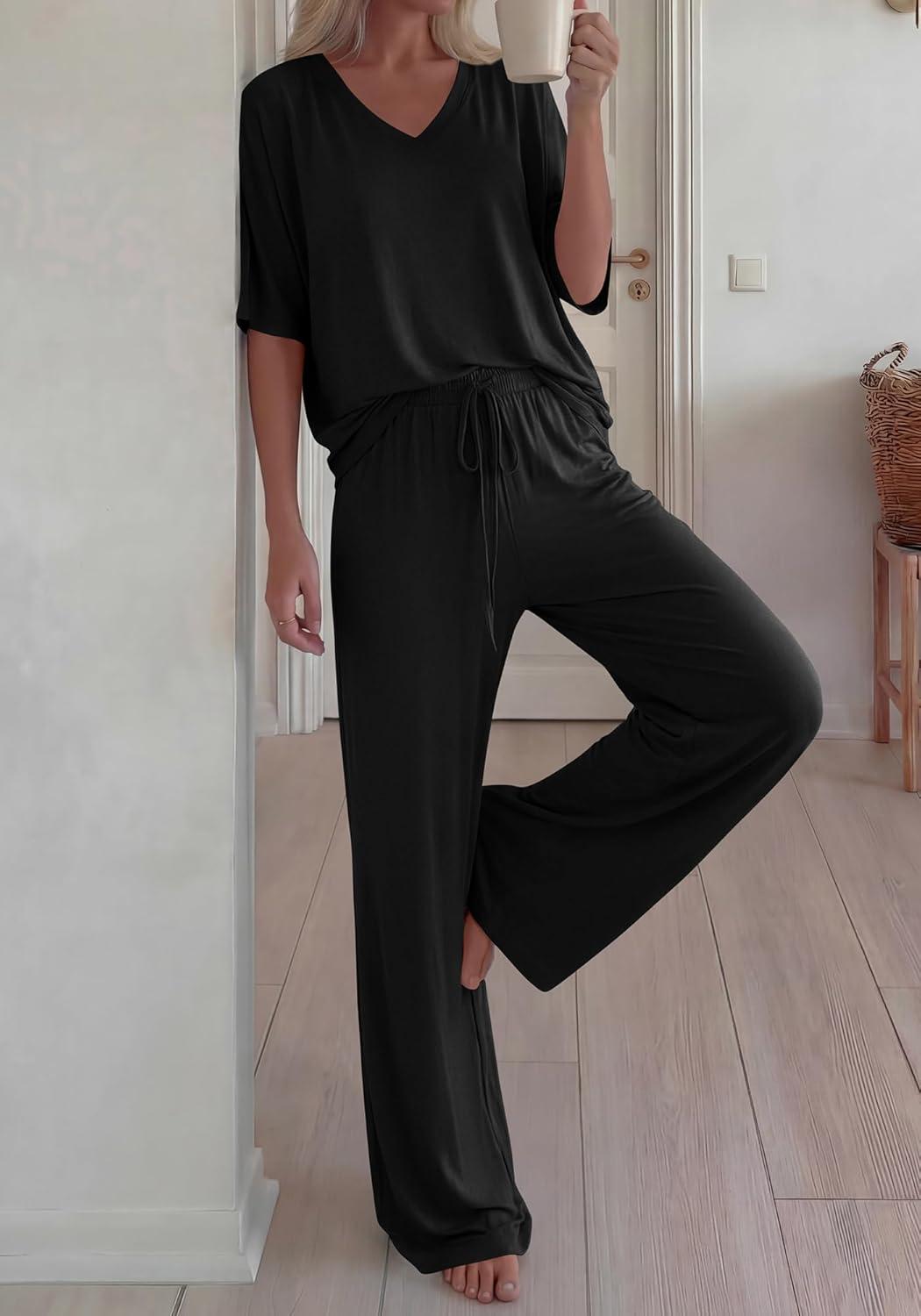 imageBTFBM 2 Piece Sets for Women Summer V Neck Short Sleeve Lounge Set Wide Leg Pants Matching Set Airport Travel OutfitsBlack