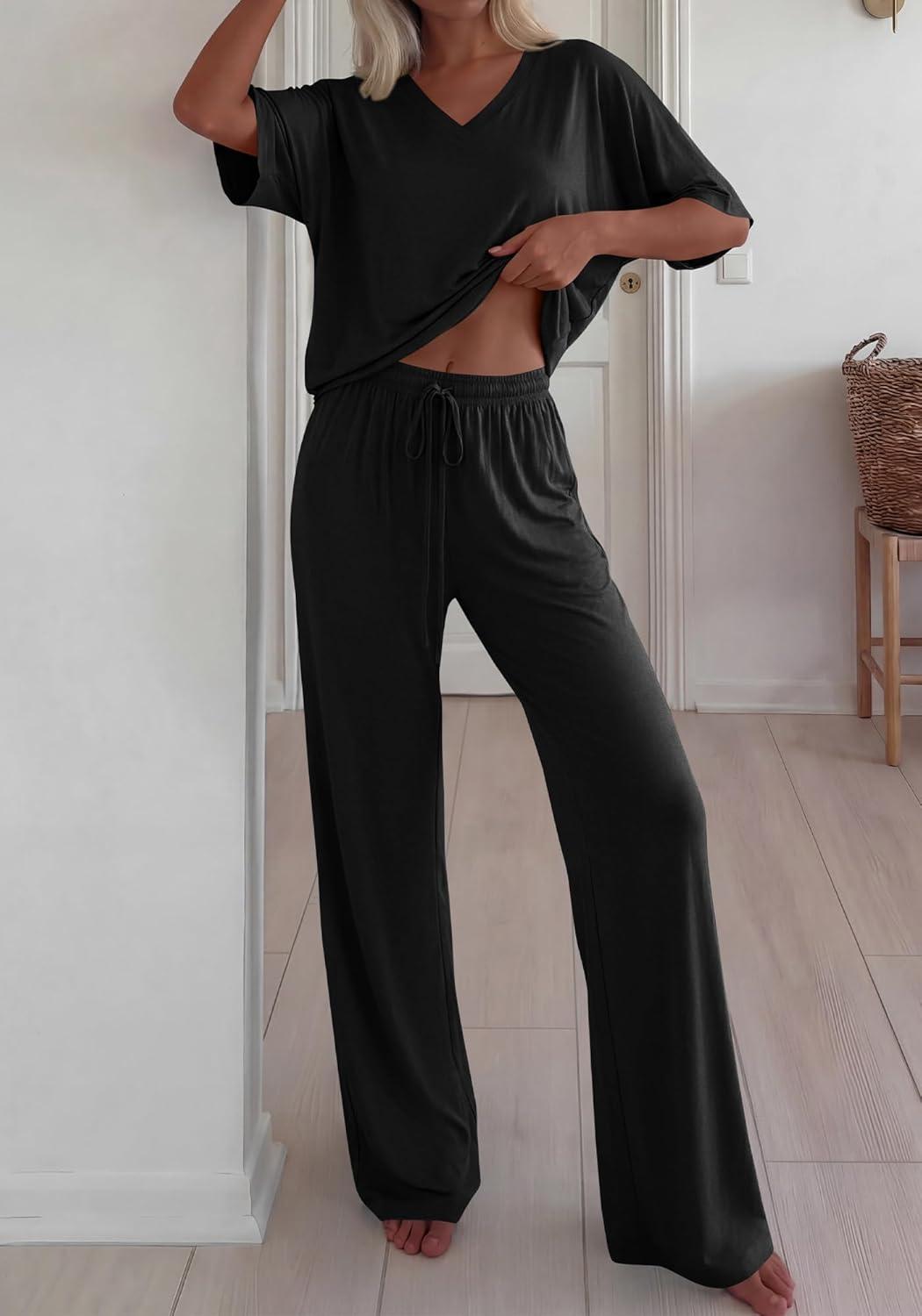 imageBTFBM 2 Piece Sets for Women Summer V Neck Short Sleeve Lounge Set Wide Leg Pants Matching Set Airport Travel OutfitsBlack