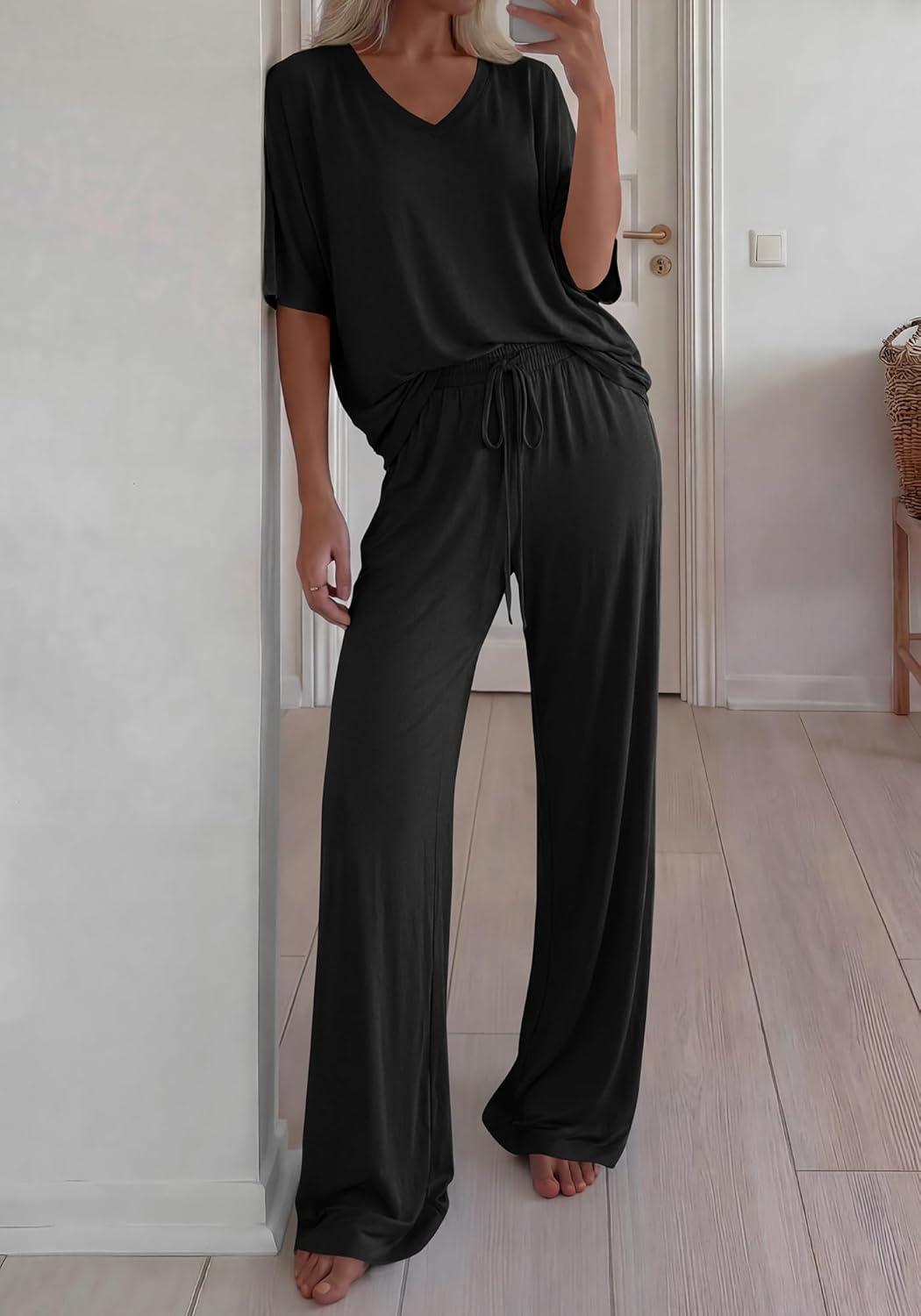 imageBTFBM 2 Piece Sets for Women Summer V Neck Short Sleeve Lounge Set Wide Leg Pants Matching Set Airport Travel OutfitsBlack