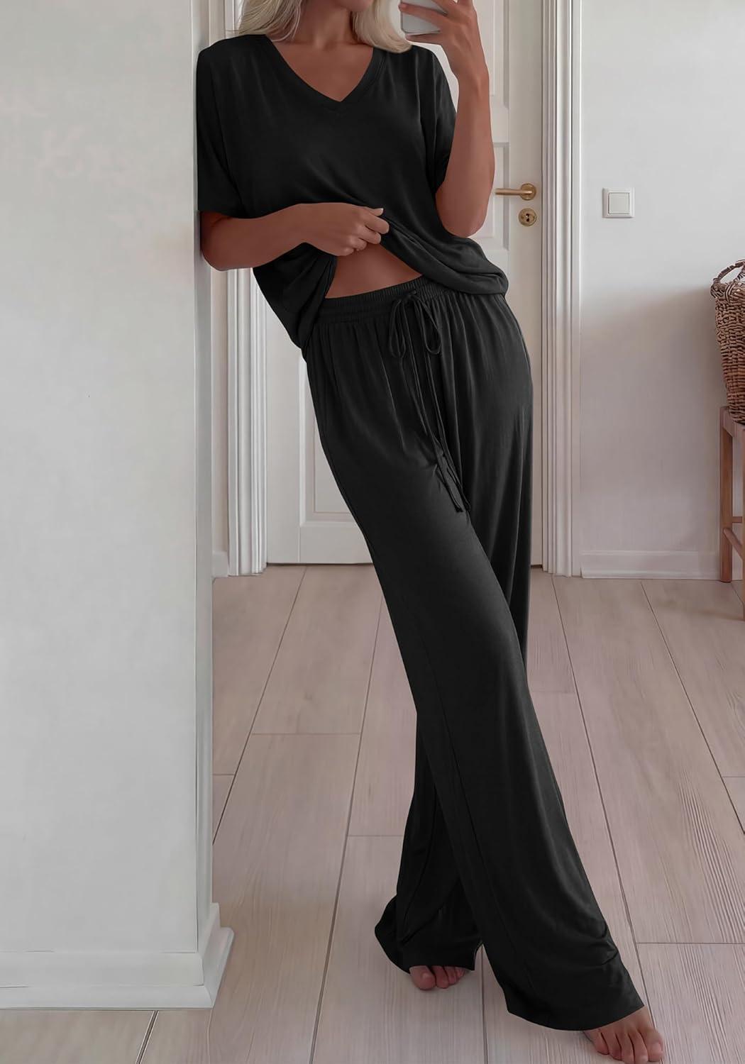 imageBTFBM 2 Piece Sets for Women Summer V Neck Short Sleeve Lounge Set Wide Leg Pants Matching Set Airport Travel OutfitsBlack