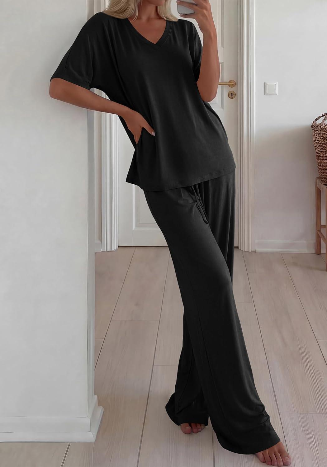 imageBTFBM 2 Piece Sets for Women Summer V Neck Short Sleeve Lounge Set Wide Leg Pants Matching Set Airport Travel OutfitsBlack