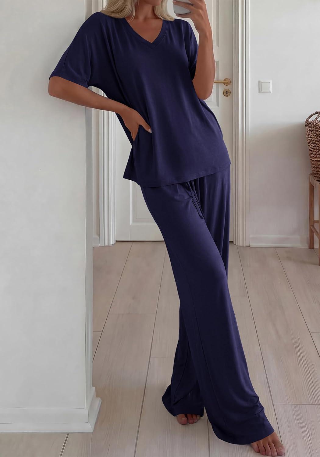 imageBTFBM 2 Piece Sets for Women Summer V Neck Short Sleeve Lounge Set Wide Leg Pants Matching Set Airport Travel OutfitsNavy Blue