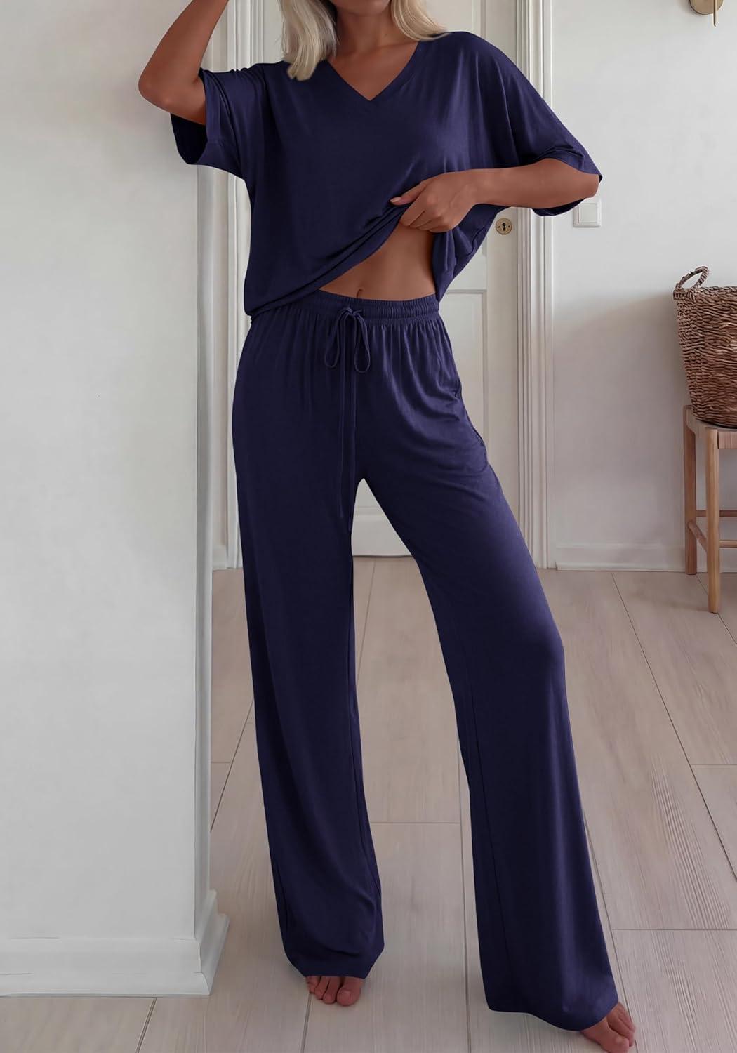 imageBTFBM 2 Piece Sets for Women Summer V Neck Short Sleeve Lounge Set Wide Leg Pants Matching Set Airport Travel OutfitsNavy Blue