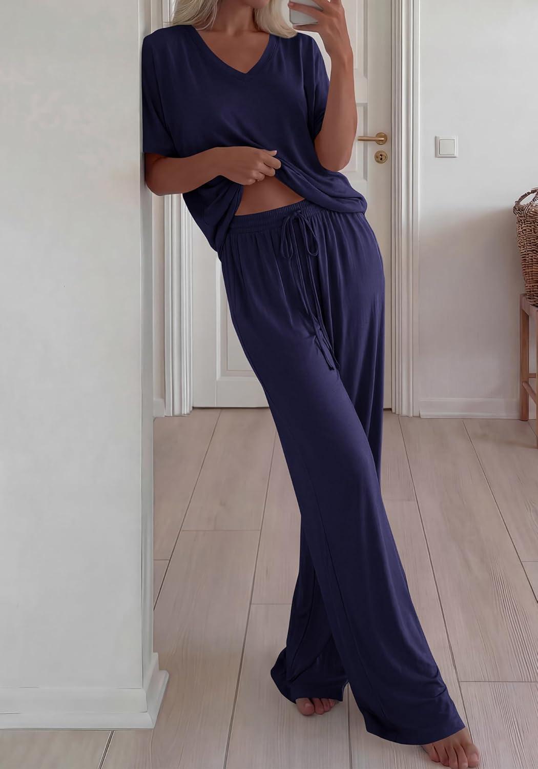 imageBTFBM 2 Piece Sets for Women Summer V Neck Short Sleeve Lounge Set Wide Leg Pants Matching Set Airport Travel OutfitsNavy Blue