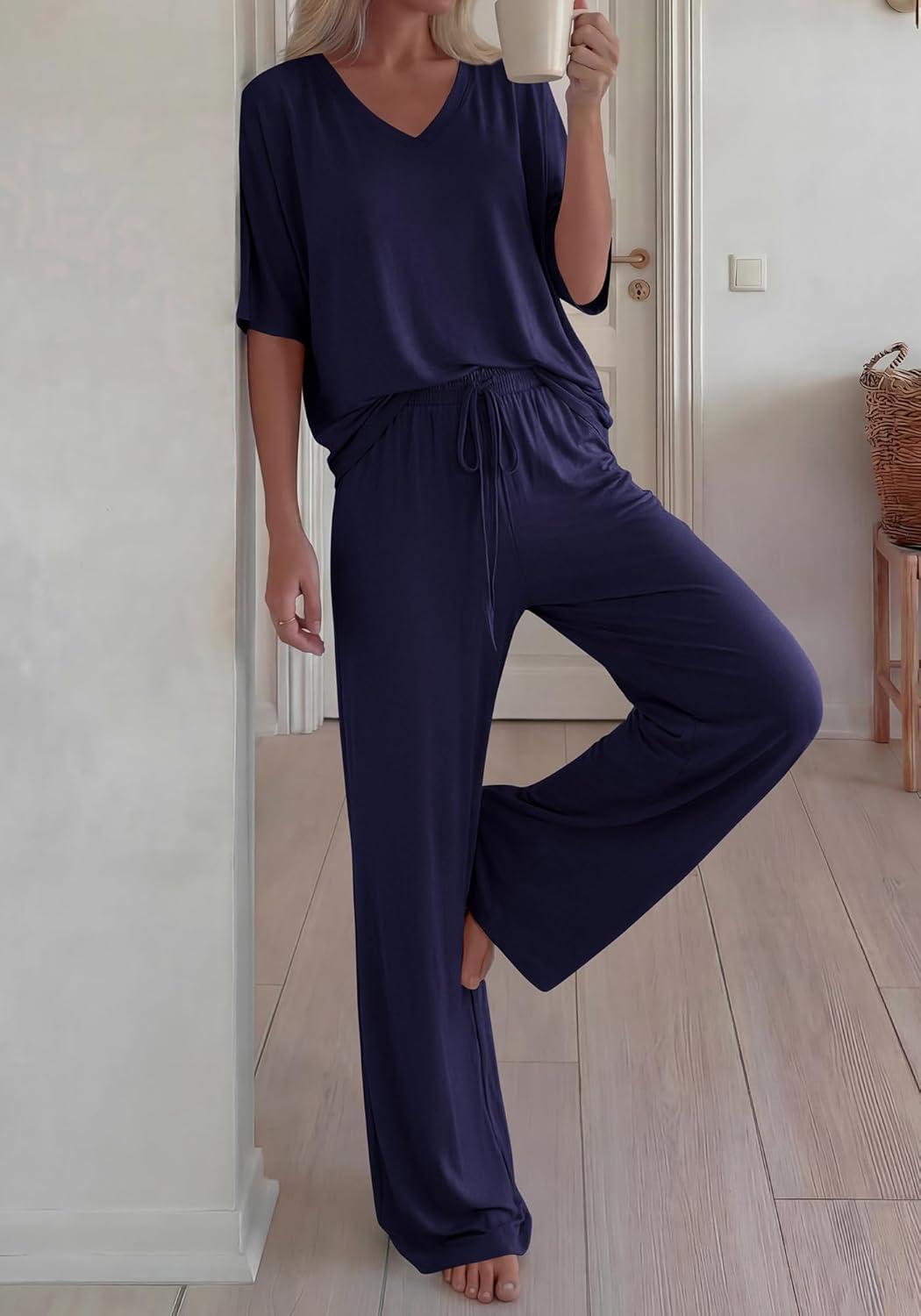 imageBTFBM 2 Piece Sets for Women Summer V Neck Short Sleeve Lounge Set Wide Leg Pants Matching Set Airport Travel OutfitsNavy Blue
