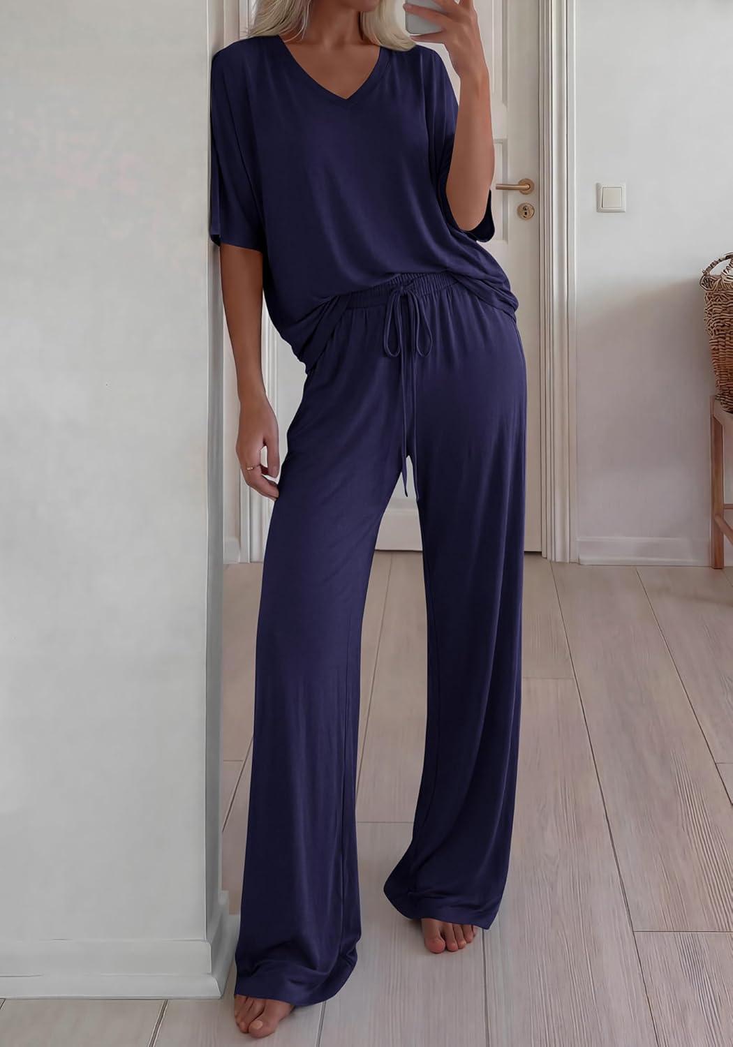 imageBTFBM 2 Piece Sets for Women Summer V Neck Short Sleeve Lounge Set Wide Leg Pants Matching Set Airport Travel OutfitsNavy Blue