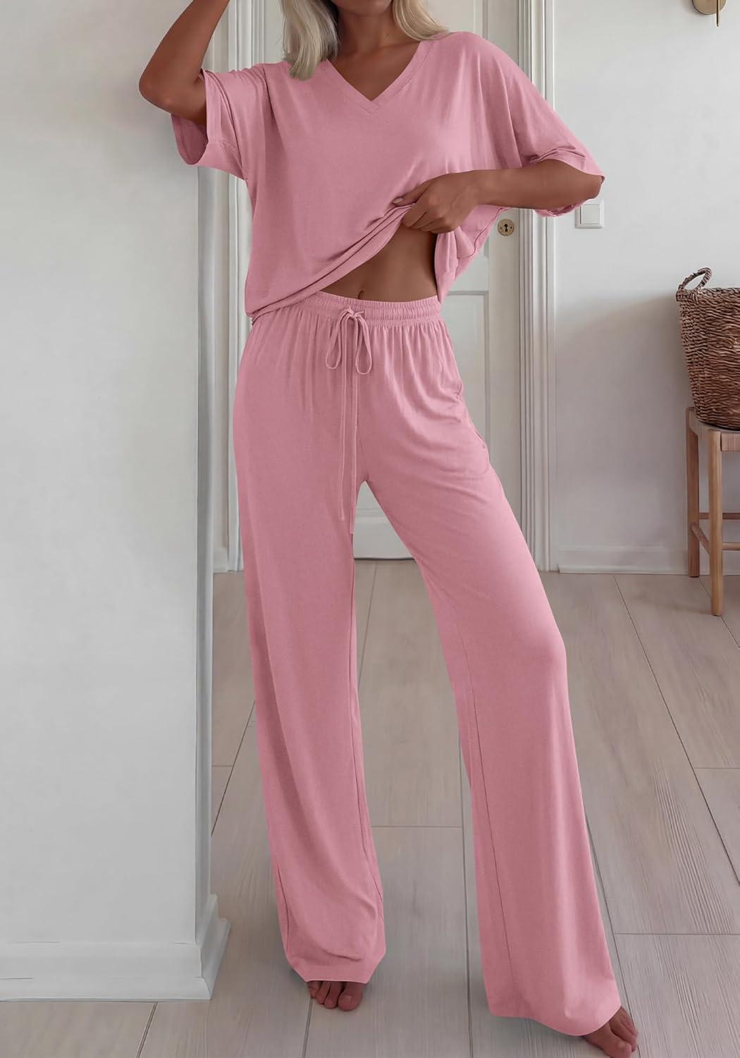 imageBTFBM 2 Piece Sets for Women Summer V Neck Short Sleeve Lounge Set Wide Leg Pants Matching Set Airport Travel OutfitsPink