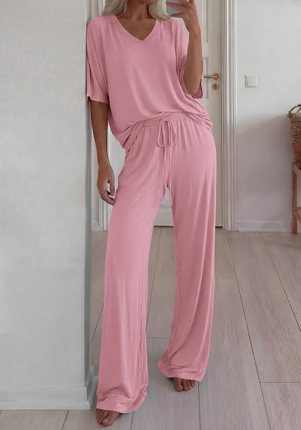 imageBTFBM 2 Piece Sets for Women Summer V Neck Short Sleeve Lounge Set Wide Leg Pants Matching Set Airport Travel OutfitsPink