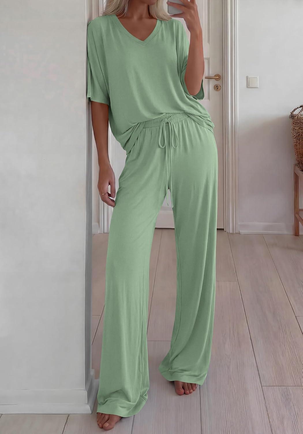 imageBTFBM 2 Piece Sets for Women Summer V Neck Short Sleeve Lounge Set Wide Leg Pants Matching Set Airport Travel OutfitsSage Green