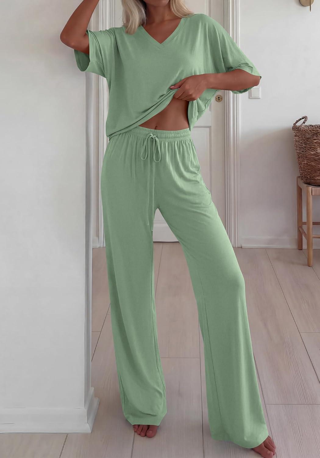 imageBTFBM 2 Piece Sets for Women Summer V Neck Short Sleeve Lounge Set Wide Leg Pants Matching Set Airport Travel OutfitsSage Green