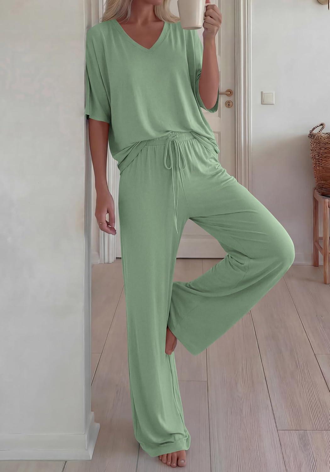 imageBTFBM 2 Piece Sets for Women Summer V Neck Short Sleeve Lounge Set Wide Leg Pants Matching Set Airport Travel OutfitsSage Green