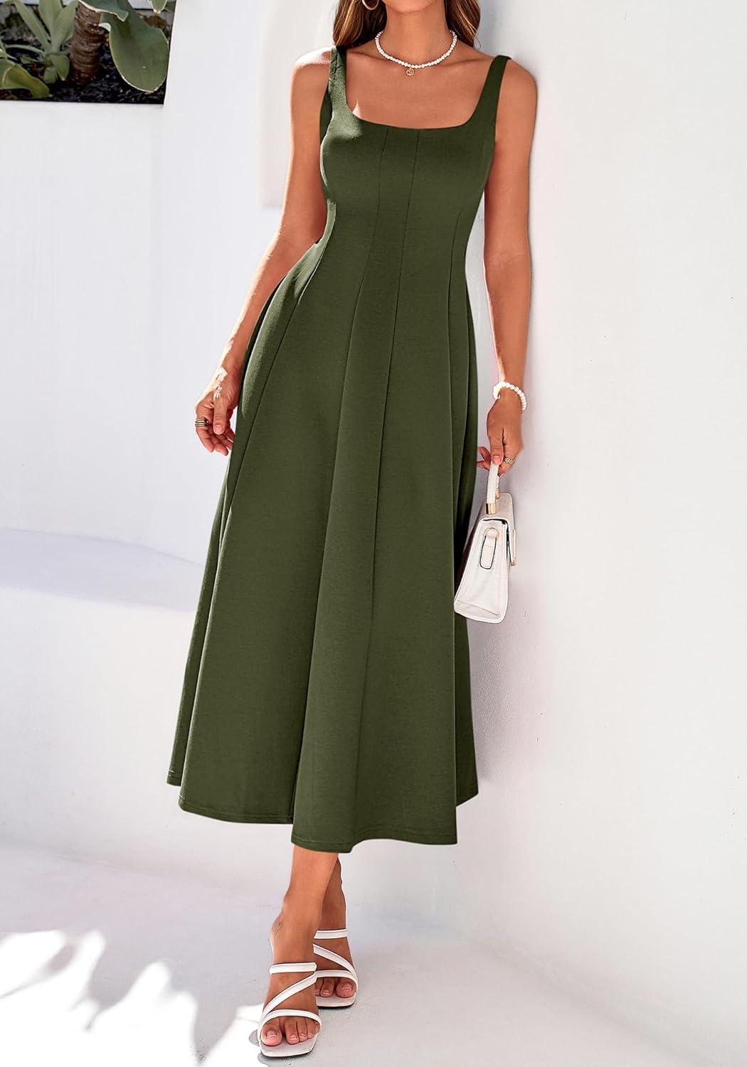 imageBTFBM Women Elegant Wedding Guest Dress Summer Square Neck Sleeveless Flowy A Line Formal Cocktail Party Maxi DressesArmy Green
