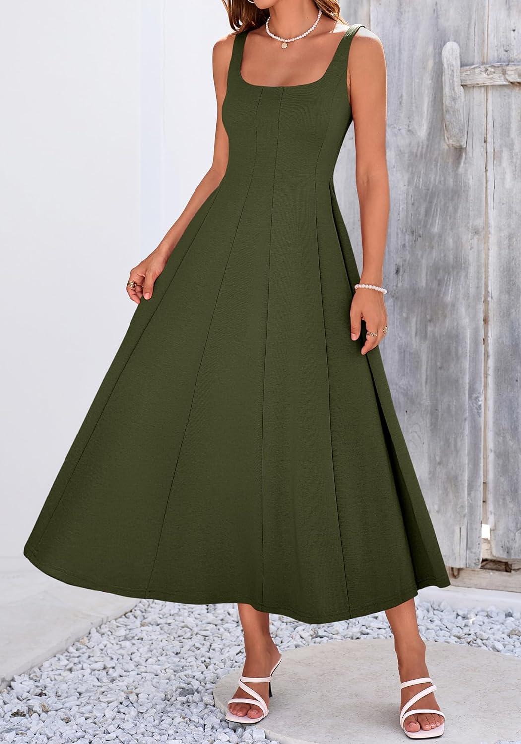 imageBTFBM Women Elegant Wedding Guest Dress Summer Square Neck Sleeveless Flowy A Line Formal Cocktail Party Maxi DressesArmy Green