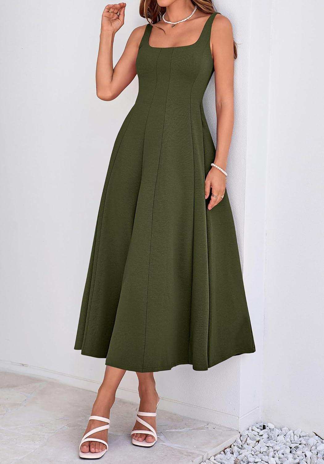 imageBTFBM Women Elegant Wedding Guest Dress Summer Square Neck Sleeveless Flowy A Line Formal Cocktail Party Maxi DressesArmy Green