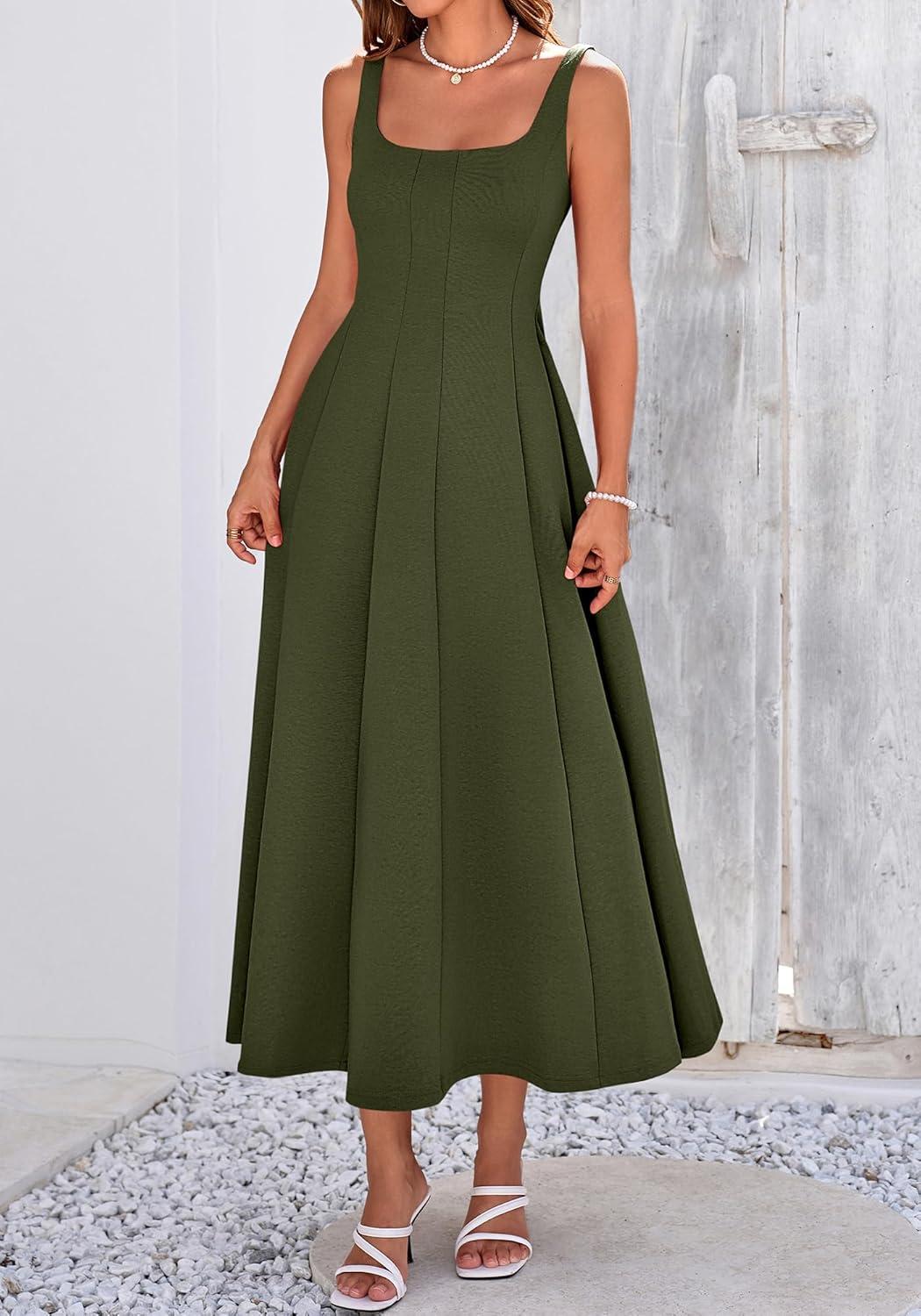 imageBTFBM Women Elegant Wedding Guest Dress Summer Square Neck Sleeveless Flowy A Line Formal Cocktail Party Maxi DressesArmy Green
