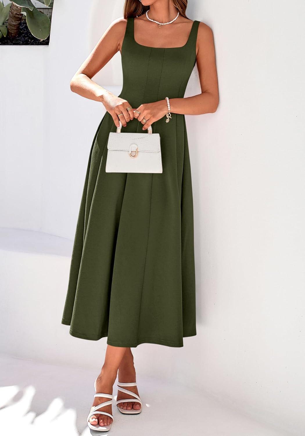 imageBTFBM Women Elegant Wedding Guest Dress Summer Square Neck Sleeveless Flowy A Line Formal Cocktail Party Maxi DressesArmy Green