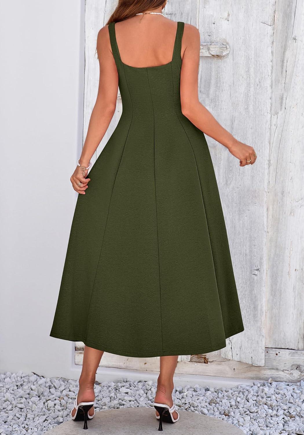imageBTFBM Women Elegant Wedding Guest Dress Summer Square Neck Sleeveless Flowy A Line Formal Cocktail Party Maxi DressesArmy Green