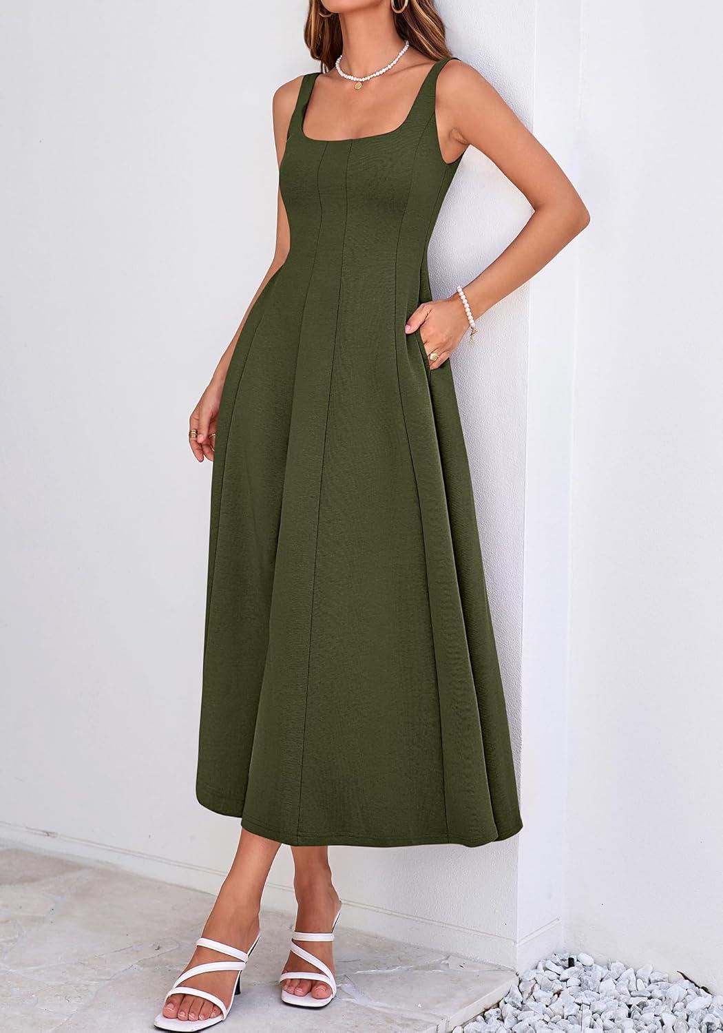 imageBTFBM Women Elegant Wedding Guest Dress Summer Square Neck Sleeveless Flowy A Line Formal Cocktail Party Maxi DressesArmy Green