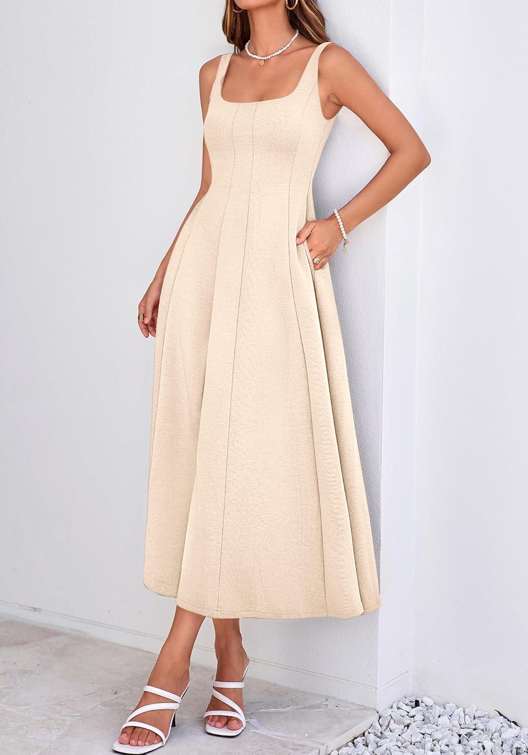 imageBTFBM Women Elegant Wedding Guest Dress Summer Square Neck Sleeveless Flowy A Line Formal Cocktail Party Maxi DressesBeige