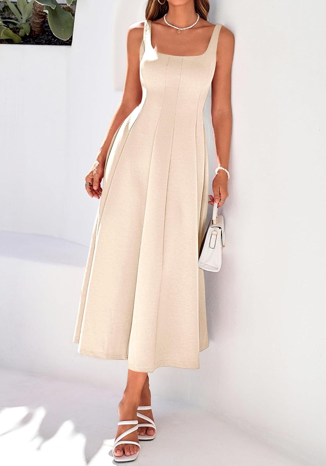 imageBTFBM Women Elegant Wedding Guest Dress Summer Square Neck Sleeveless Flowy A Line Formal Cocktail Party Maxi DressesBeige