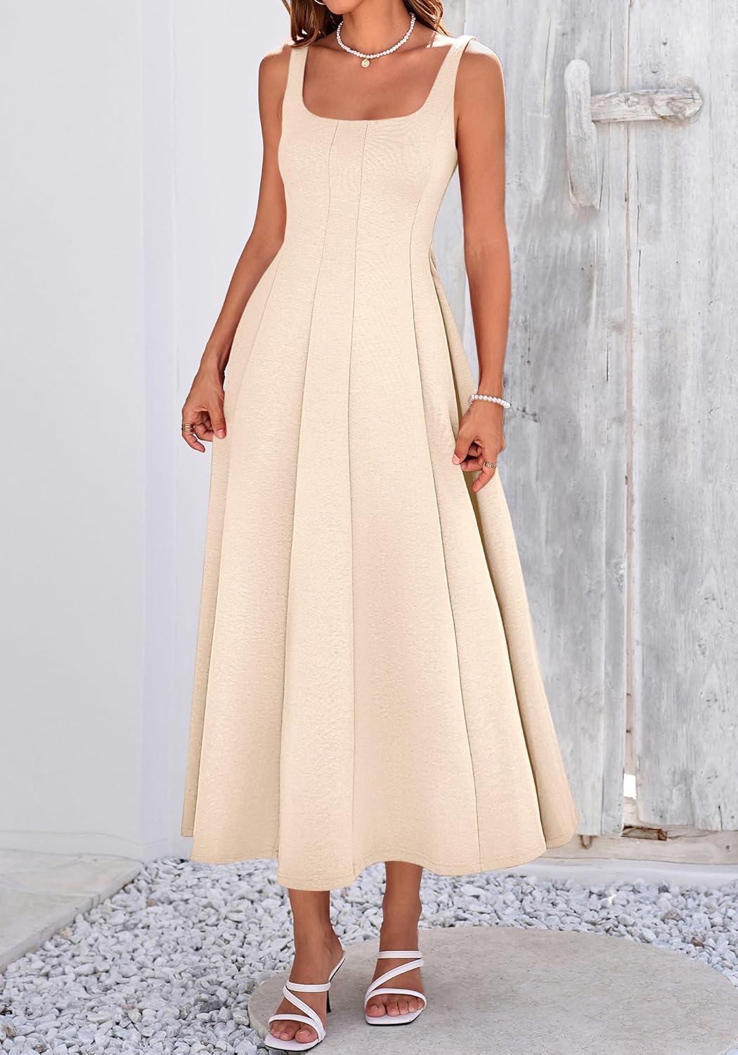 imageBTFBM Women Elegant Wedding Guest Dress Summer Square Neck Sleeveless Flowy A Line Formal Cocktail Party Maxi DressesBeige