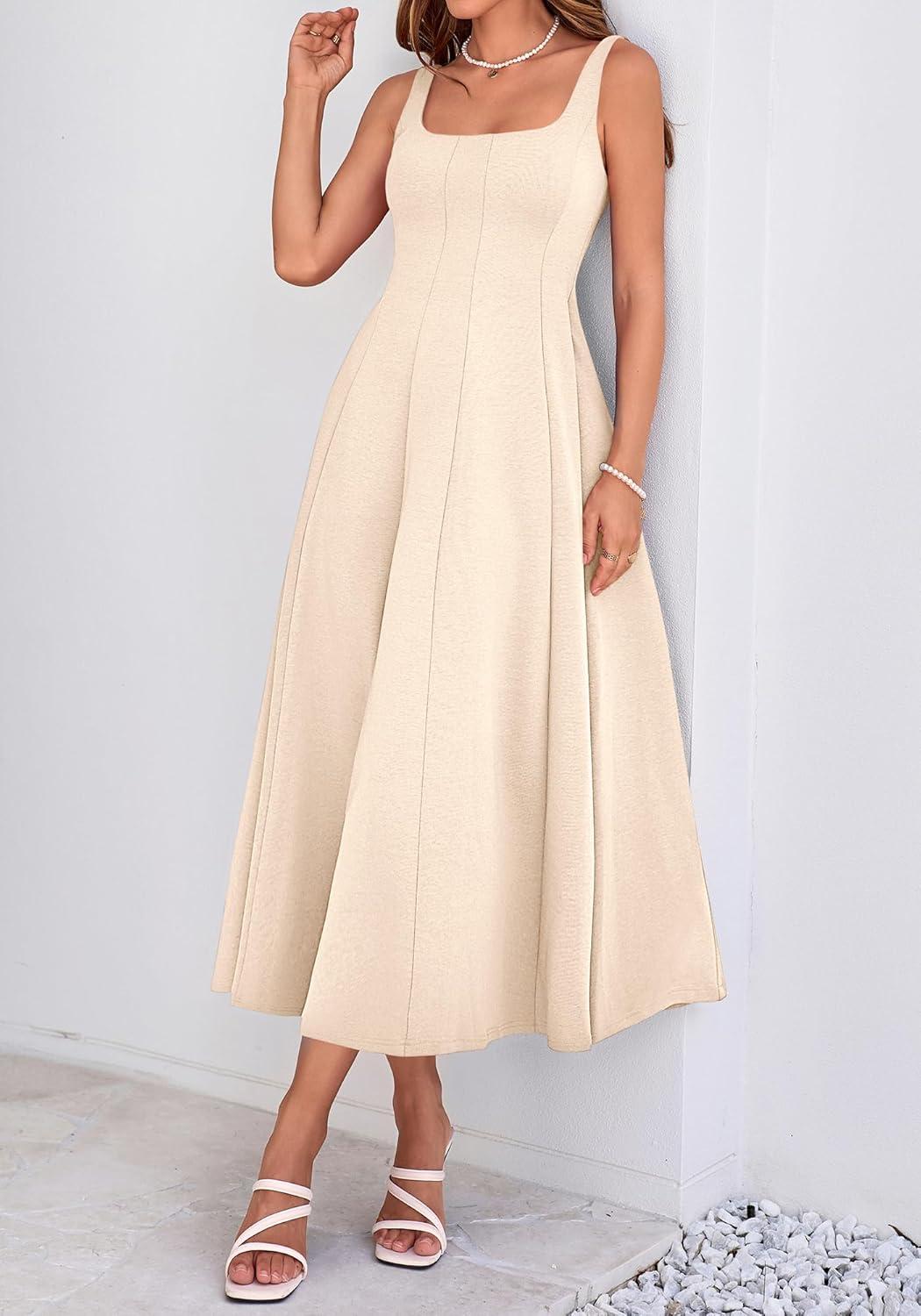 imageBTFBM Women Elegant Wedding Guest Dress Summer Square Neck Sleeveless Flowy A Line Formal Cocktail Party Maxi DressesBeige