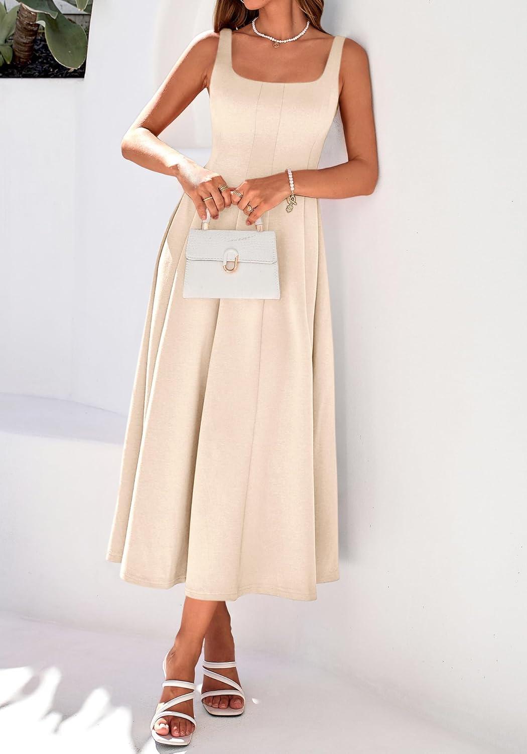 imageBTFBM Women Elegant Wedding Guest Dress Summer Square Neck Sleeveless Flowy A Line Formal Cocktail Party Maxi DressesBeige